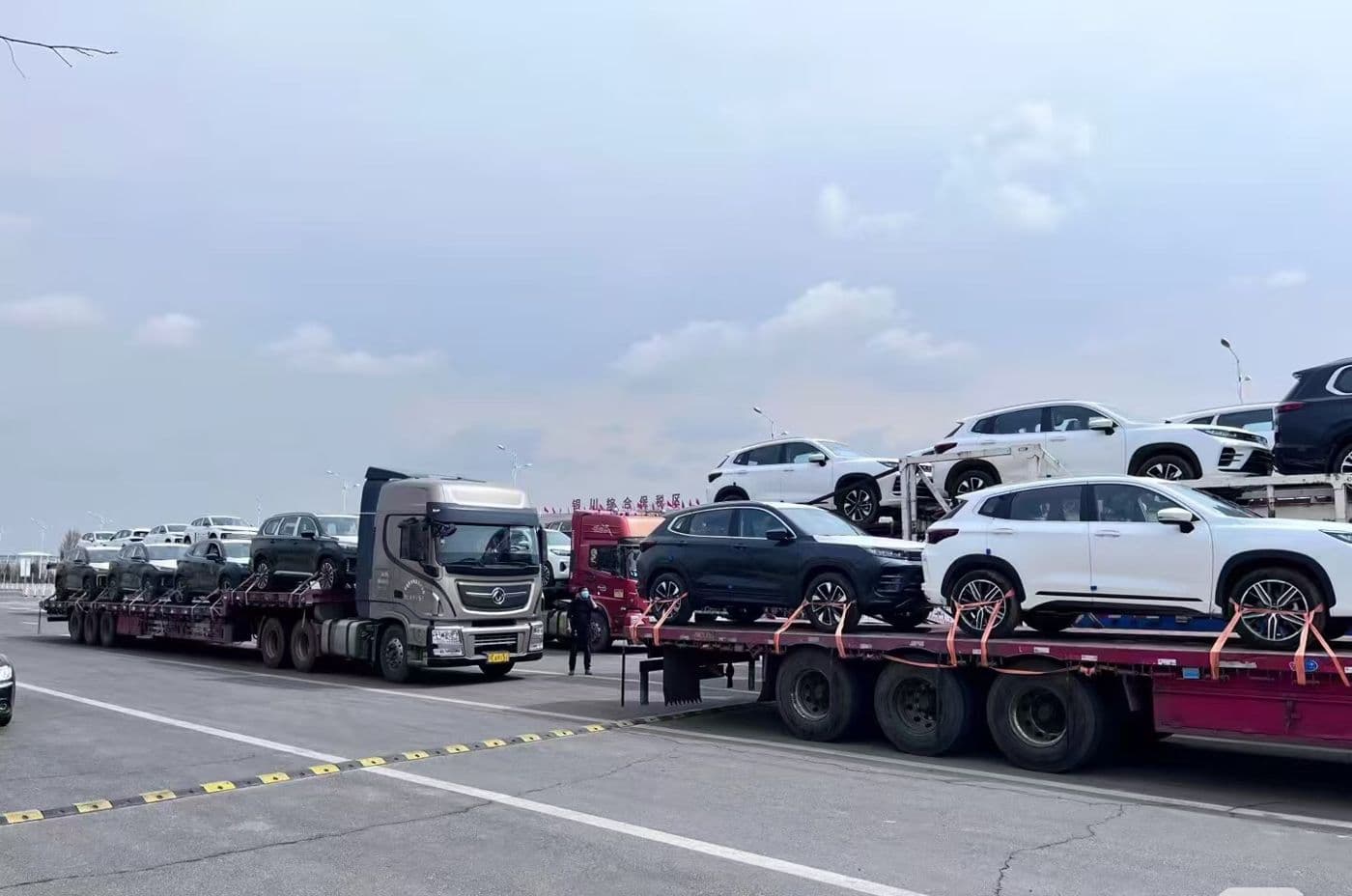 car carriers in convoy to port